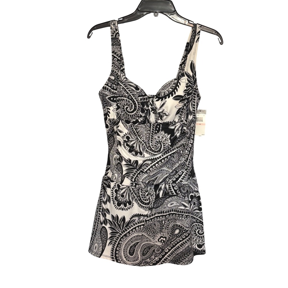 Jantzen Womens 10 Black White Paisley Swimdress Tummy Control One Piece Swimsuit